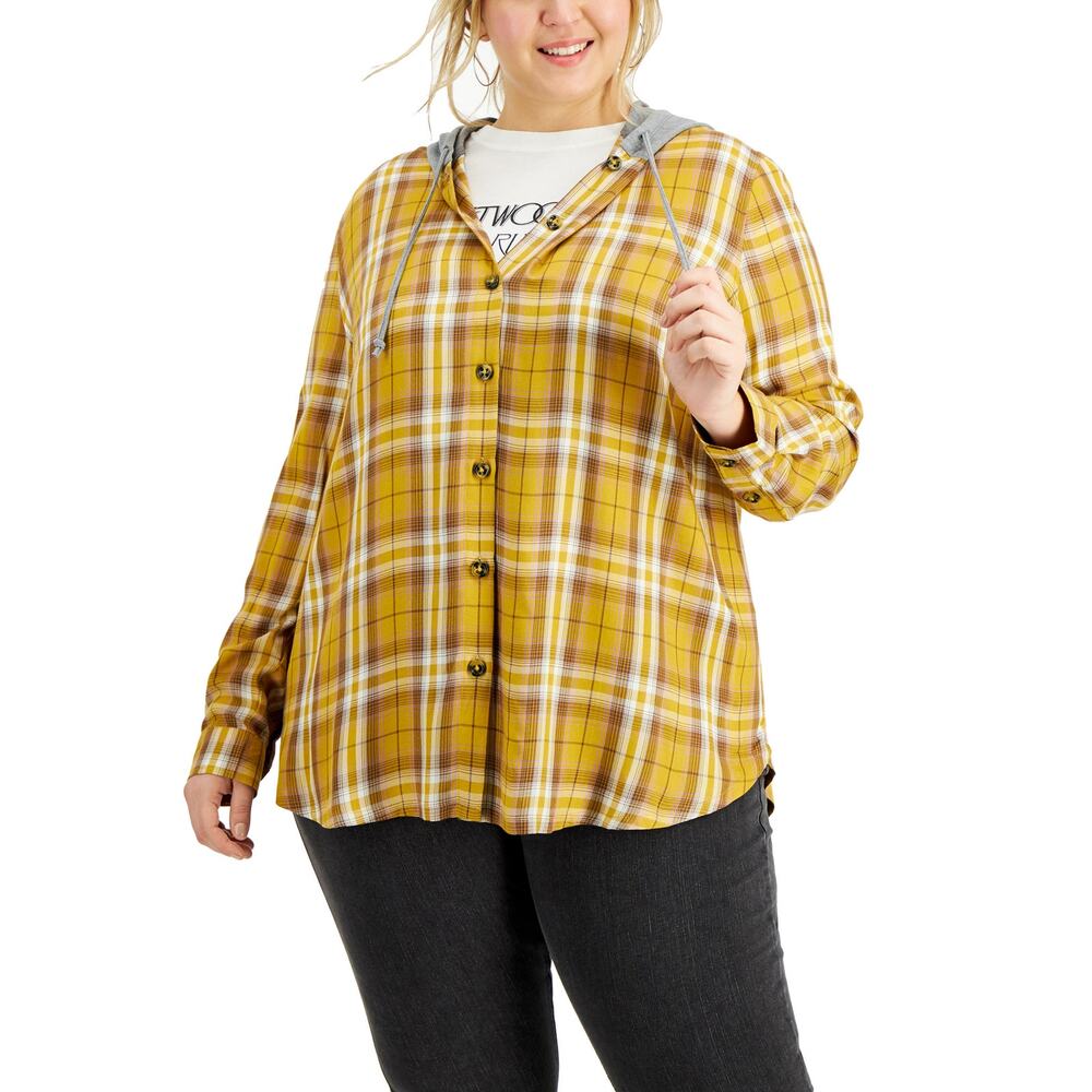 Love, Fire Ladies Mustard Yellow & Gray Plaid Button Up Top, Size 3X, NWT!